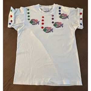 LEARSI Vintage Women's Size Medium Single-Stitch White Tee w/‎ Embroidered Fish